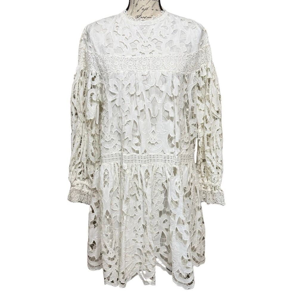 Ulla Johnson Albertine Guipure Lace Mini Dress Size 6 Ivory Long Sleeve Lined